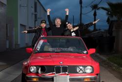 maximum driftcast hosts Corey Hosford, Paco Ibarra and Sam Nalven in car